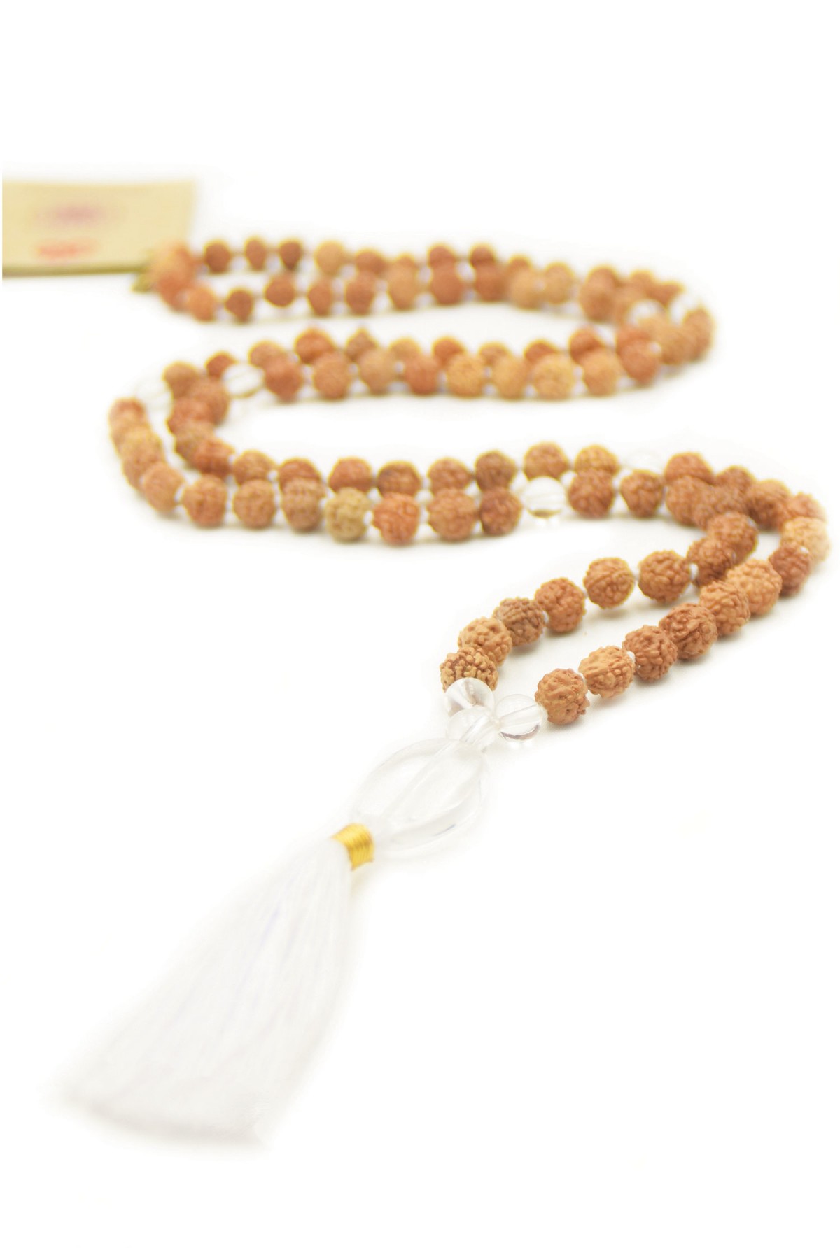 Clarity mala necklace with Rudraksha mala beads and Crystal.