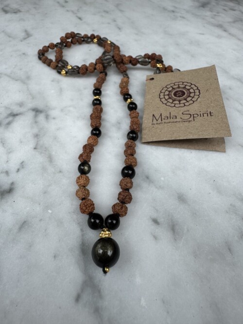 Gold obsidian and Smoky Quartz mala