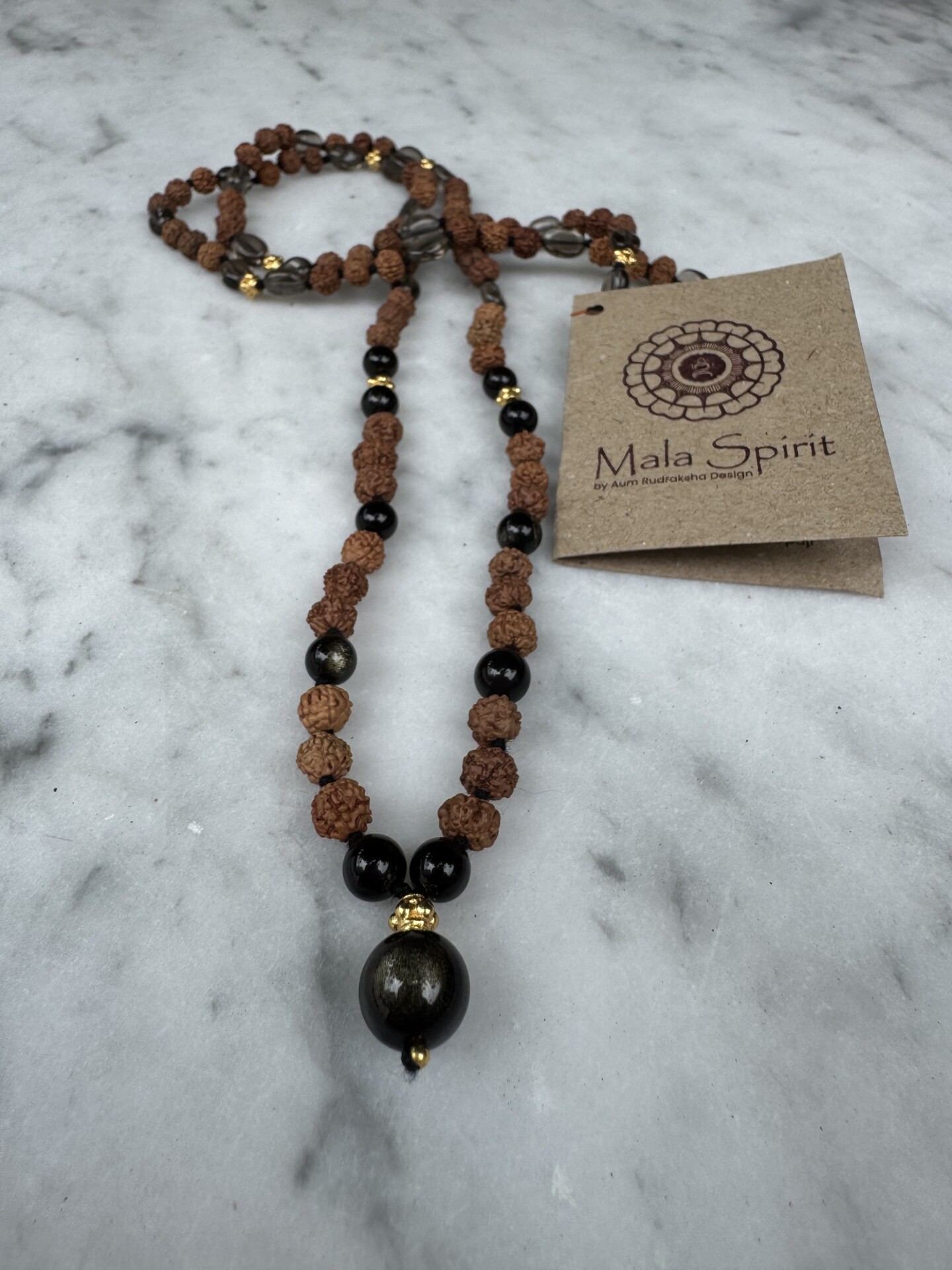 Obsidian and Smoky Quartz mala necklace 9 Gold obsidian and Smoky Quartz mala