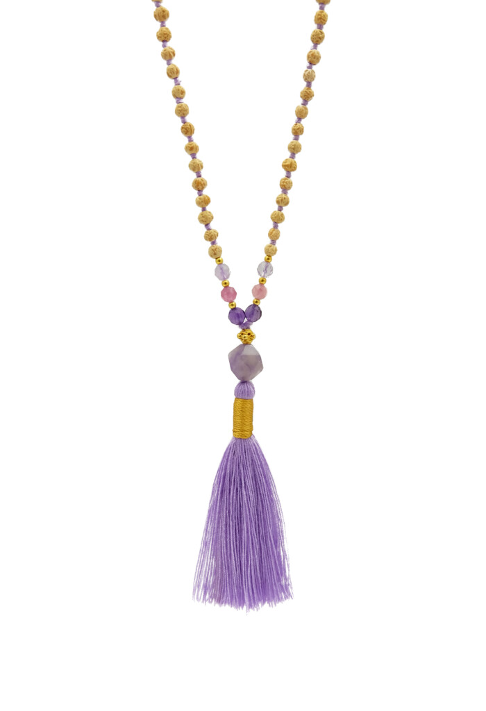 lavendel mala met rudrani, roze tourmalijn, amethist en lavendel pendant