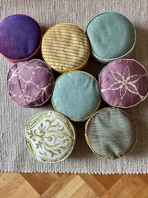 Nine unique meditation cushions with buckwheat filling, handmade in the Netherlands