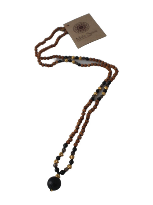 Obsidian and Smoky Quartz mala necklace 14 Obsidian and smoky quartz mala necklace with rudraksha and obsidian pendant